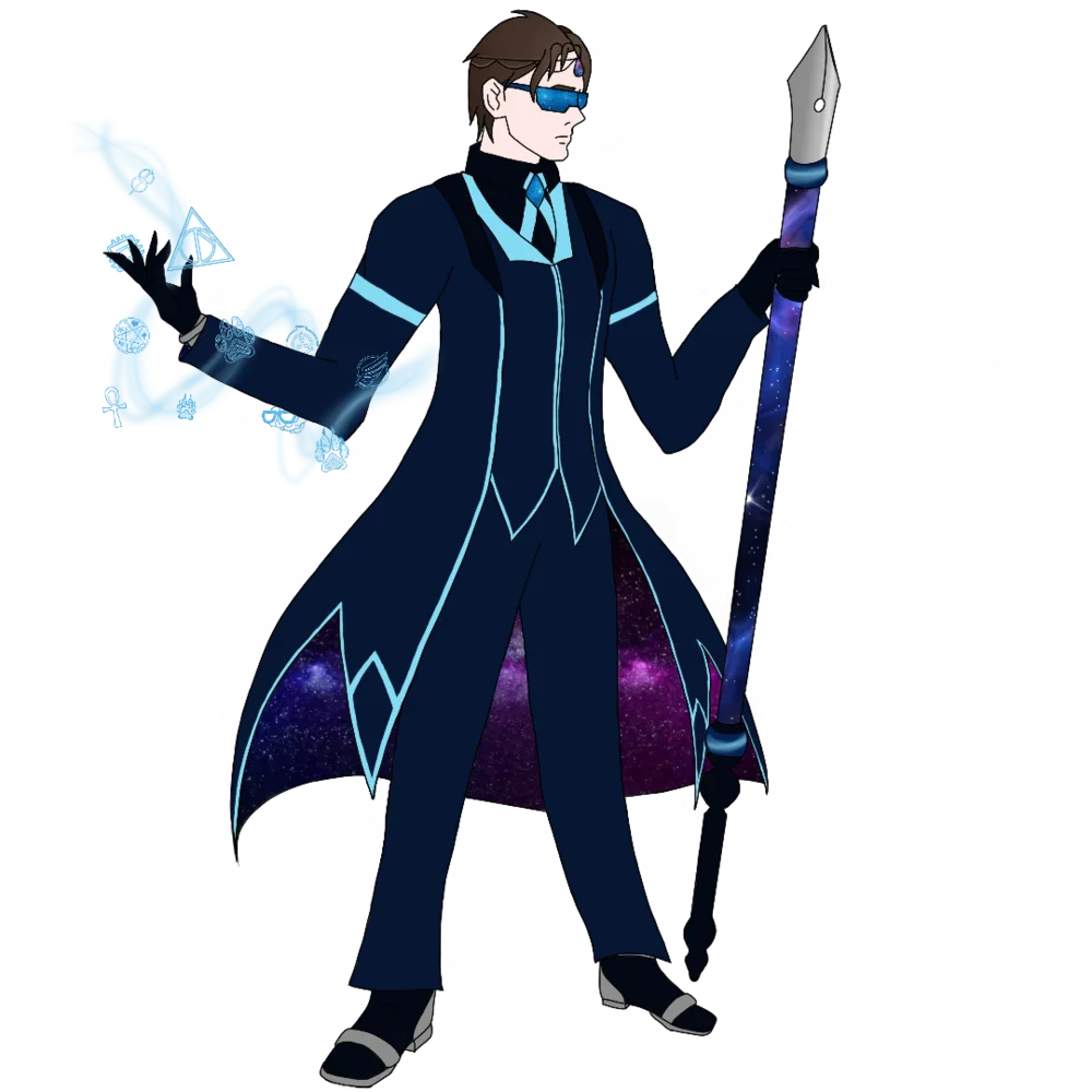Character illustration of a star mage with a pen-nib staff
