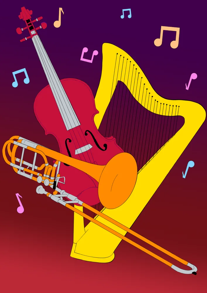 Proms from St John's poster with viola, harp and trombone